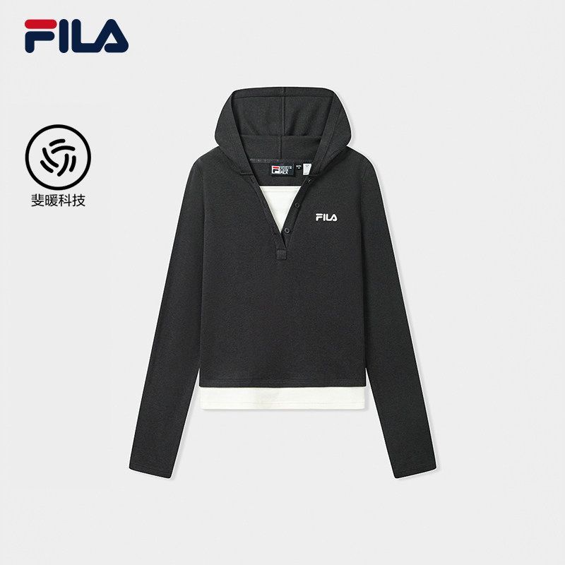 FILA斐乐女装2026冬款修身加绒长T针织连帽上衣假两件F11W649217F