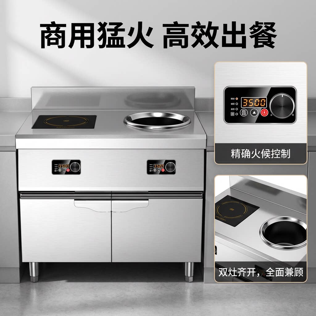 商用电磁炉大功率3500w双头平凹炒炉学校食堂5000w双灶炒炉电磁灶