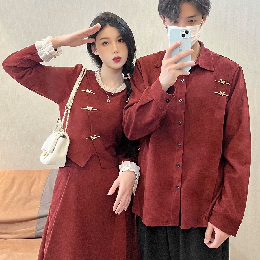 情侣装新中式酒红色订婚连衣裙