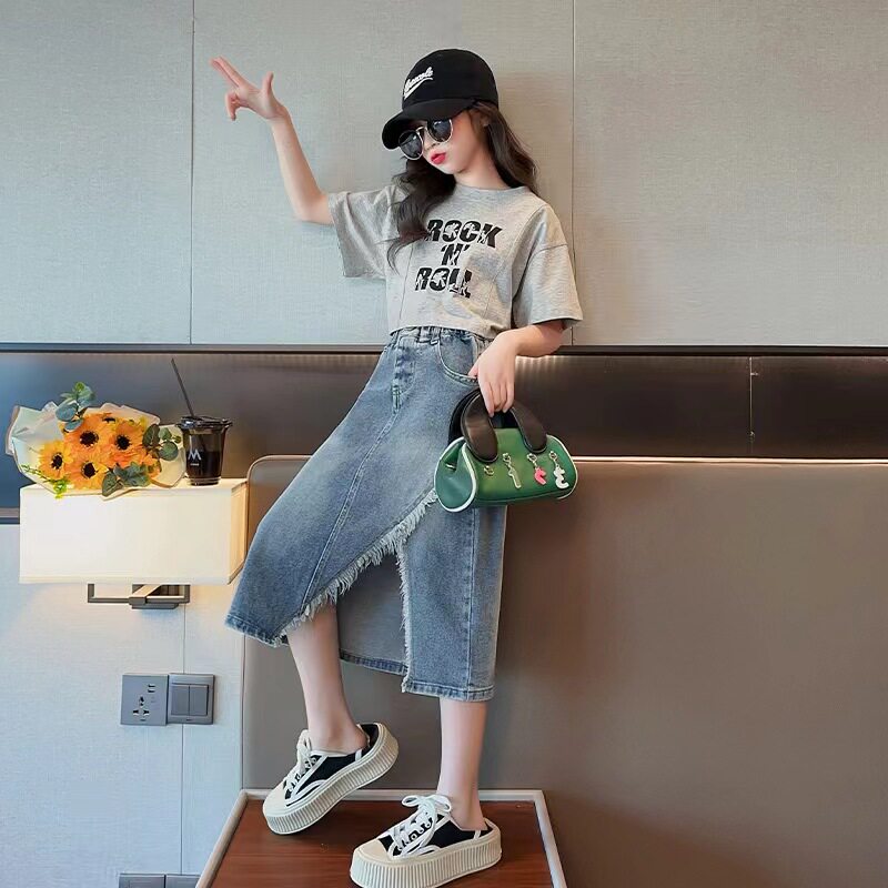 女童连衣裙夏装2026新款大童装夏季洋气短袖儿童牛仔半身裙子套装