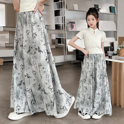 女童新中式裤子夏装新款中大童国风半身裙裤儿童水墨画宽松长裤潮