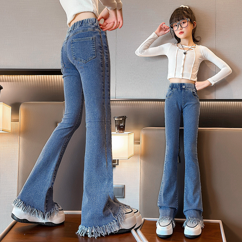 女童流苏牛仔裤2025新款春季女孩洋气修身喇叭裤韩版弹力百搭裤子