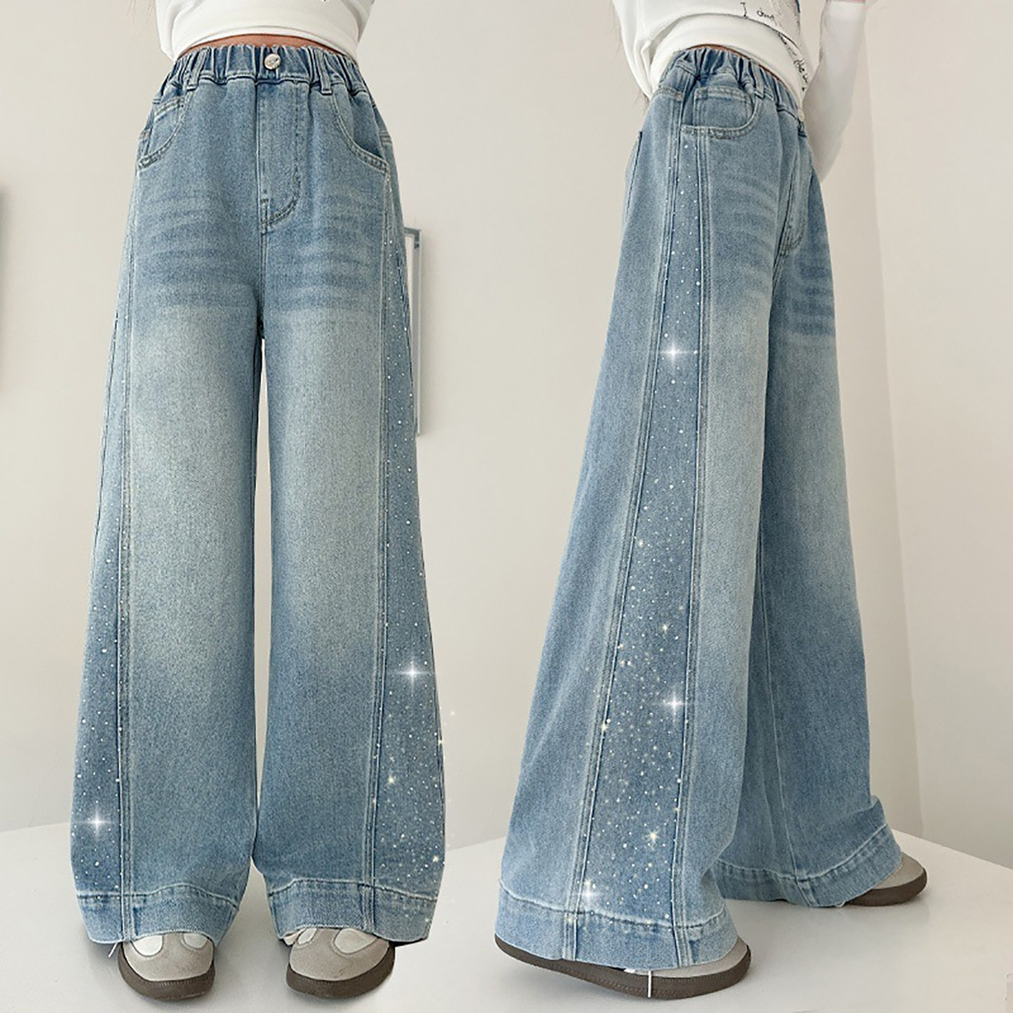 女童牛仔裤2026春季新款侧拼烫钻阔腿裤中大童休闲直筒裤学生长裤,童装/婴儿装/亲子装,儿童牛仔裤,淘宝优惠券,粉丝福利购,淘宝优惠卷