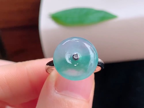 冰种飘花平安扣戒指 18K金镶嵌天然缅甸翡翠戒指 A货玉扣戒圈指环