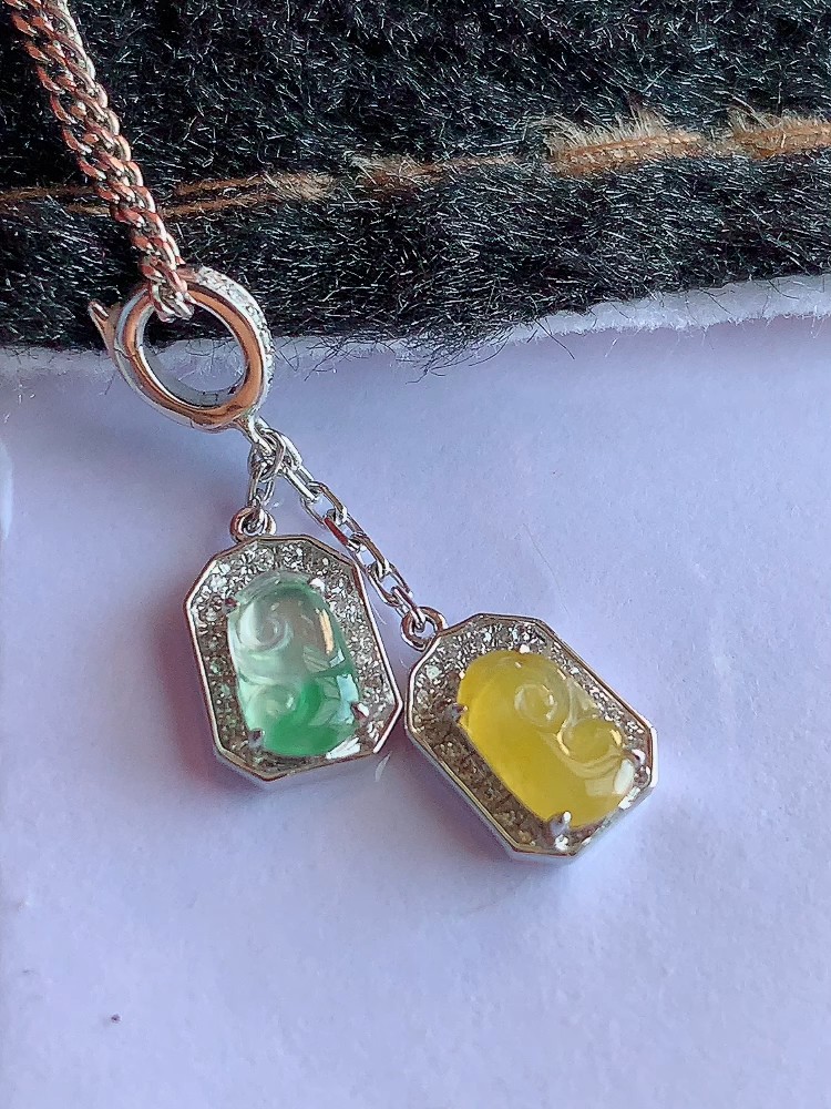 冰绿冰黄翡翠如意吊坠 18K镶高冰如意挂件 缅甸天然翡翠A货玉如意