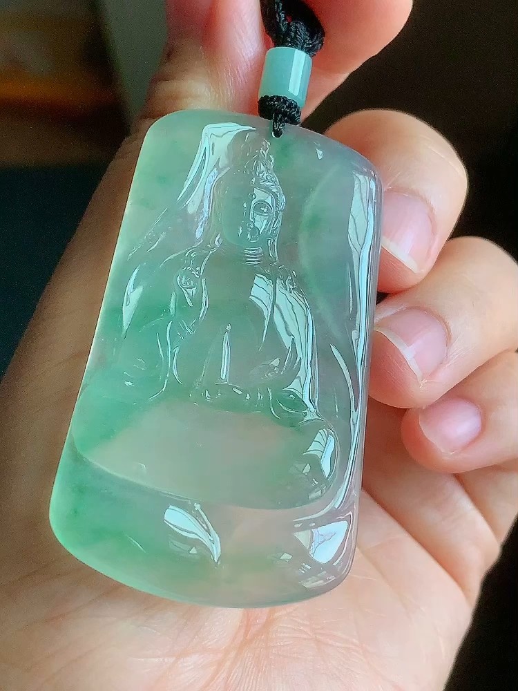 冰绿翡翠观音牌吊坠 老坑缅甸A货冰种玉观音挂件 素衣观音挂坠