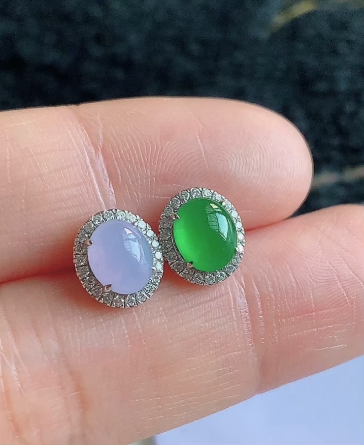 高冰双色蛋面耳钉 18K金镶嵌翡翠蛋面耳饰 天然A货冰绿冰紫耳坠,珠宝/钻石/翡翠,耳饰,淘宝优惠券,粉丝福利购,淘宝优惠卷