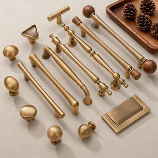 法式柜门黄铜把手衣柜门抽屉中古风胡桃木圆球新中式吊坠小拉手