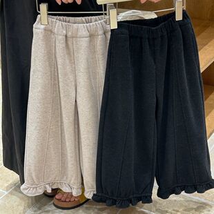 女童花边阔腿裤秋冬加绒加厚直筒裤宽松女孩洋气儿童裤子2025新款