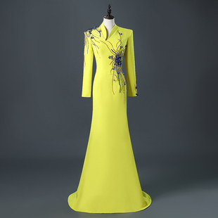 声乐美声学生考试艺考晚礼服女表演主持人舞台独唱演出服黄色鱼尾