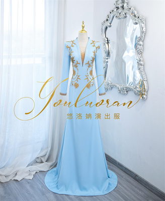 悠洛姌演出服知性深V领长袖鱼尾