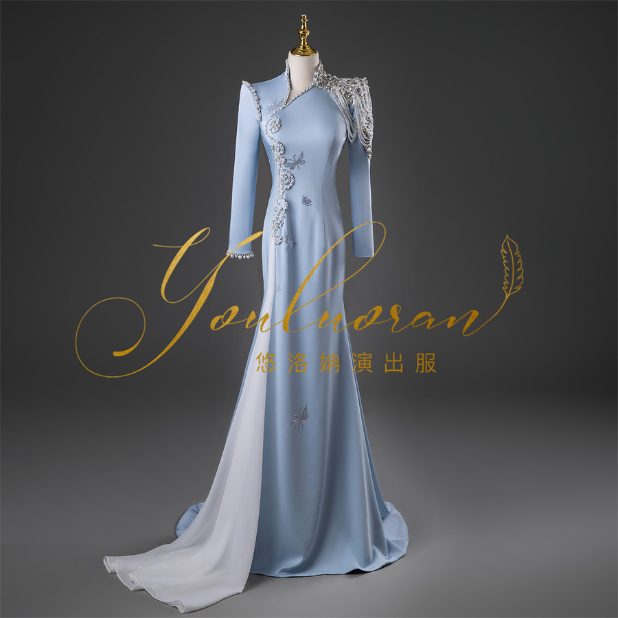 悠洛姌优雅旗袍领长袖显瘦礼服