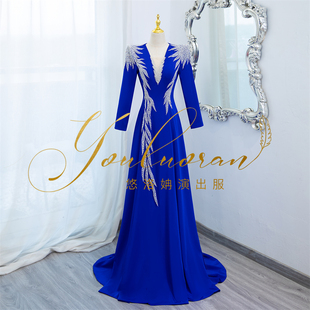 悠洛姌演出服新款 重工礼服优雅舞台表演文艺汇 宝蓝色深V显瘦修身