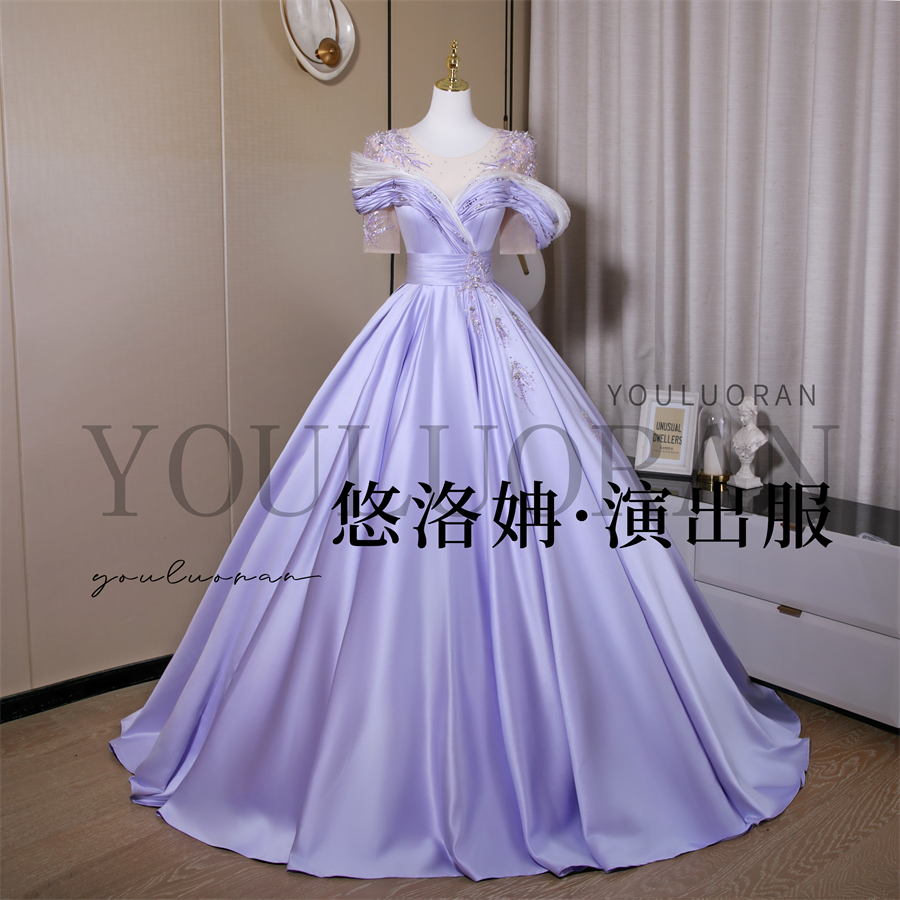 悠洛姌浅紫色刺绣国风系演出服