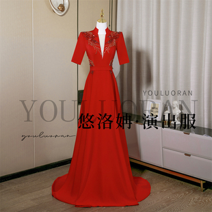 悠洛姌演出服红色深V领显瘦舞台表演艺考独唱礼服声乐演出艺考