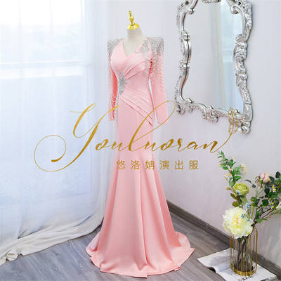 悠洛姌演出服甜美长袖鱼尾礼服