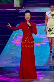 拖尾鱼尾红色舞台演出服 敬酒服主持人长款 宴会晚礼服2023秋季 新款