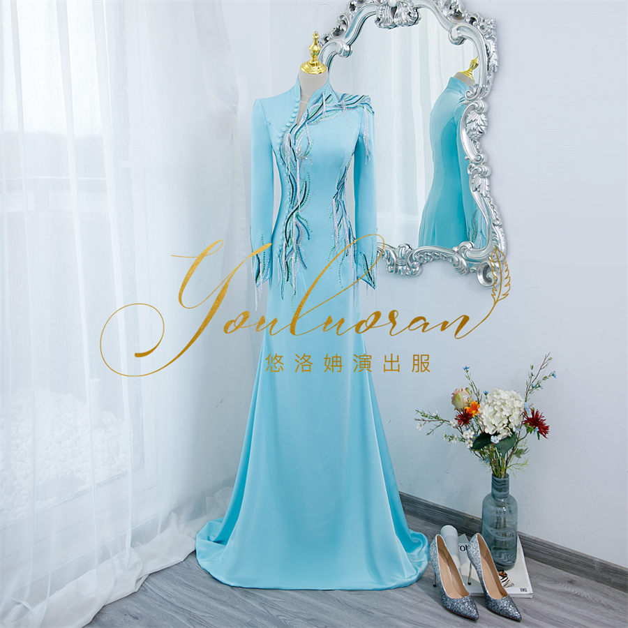 悠洛姌演出服优雅旗袍领长袖鱼尾