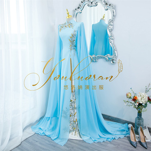 礼服抖音同款 悠洛姌演出服新款 蓝色国风竹子重工礼服舞台演奏水袖