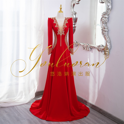 悠洛姌演出服优雅深V长袖礼服
