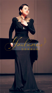 定制黑色礼服长袖显瘦学生艺考歌唱比赛礼服新款民歌演出礼服长款