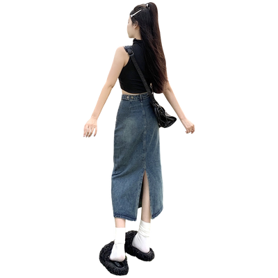 佩艳半身裙女长裙复古a字开叉