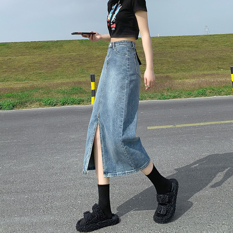 开叉牛仔半身裙女2022新款春装高腰显瘦a字小个子中长款包臀长裙
