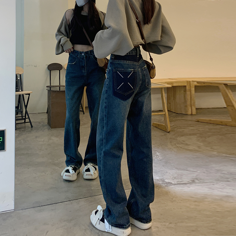 佩艳阔腿裤牛仔裤女拖地复古高腰