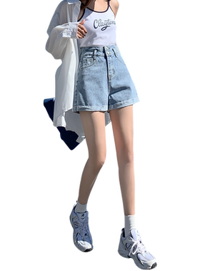 浅色高腰a字牛仔短裤女2026年夏季薄款显瘦宽松阔腿辣妹超短热裤