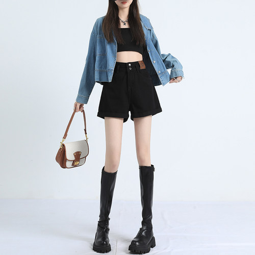 佩艳热裤牛仔短裤女黑色高腰辣妹