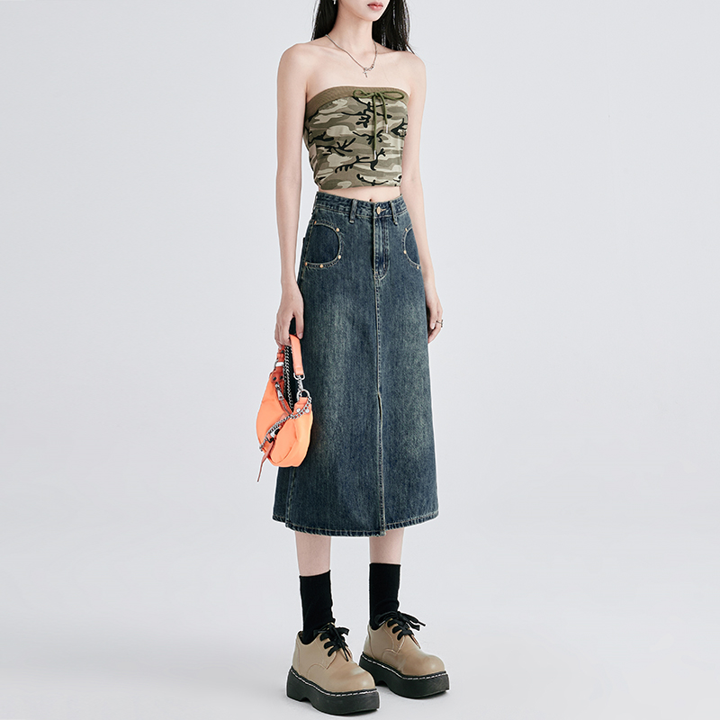 佩艳长裙半身裙女复古a字裙开叉