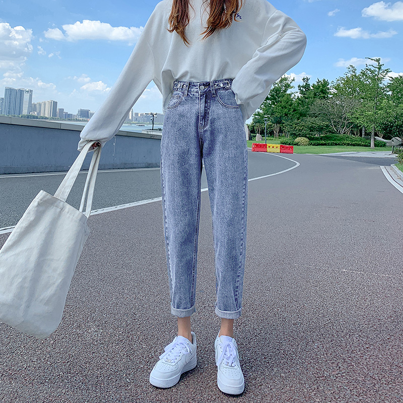 哈伦新款春秋季高腰萝卜牛仔裤