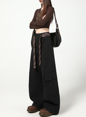 黑色高腰弯刀休闲裤女2025秋季新款阔腿宽松显瘦高级感美式工装裤