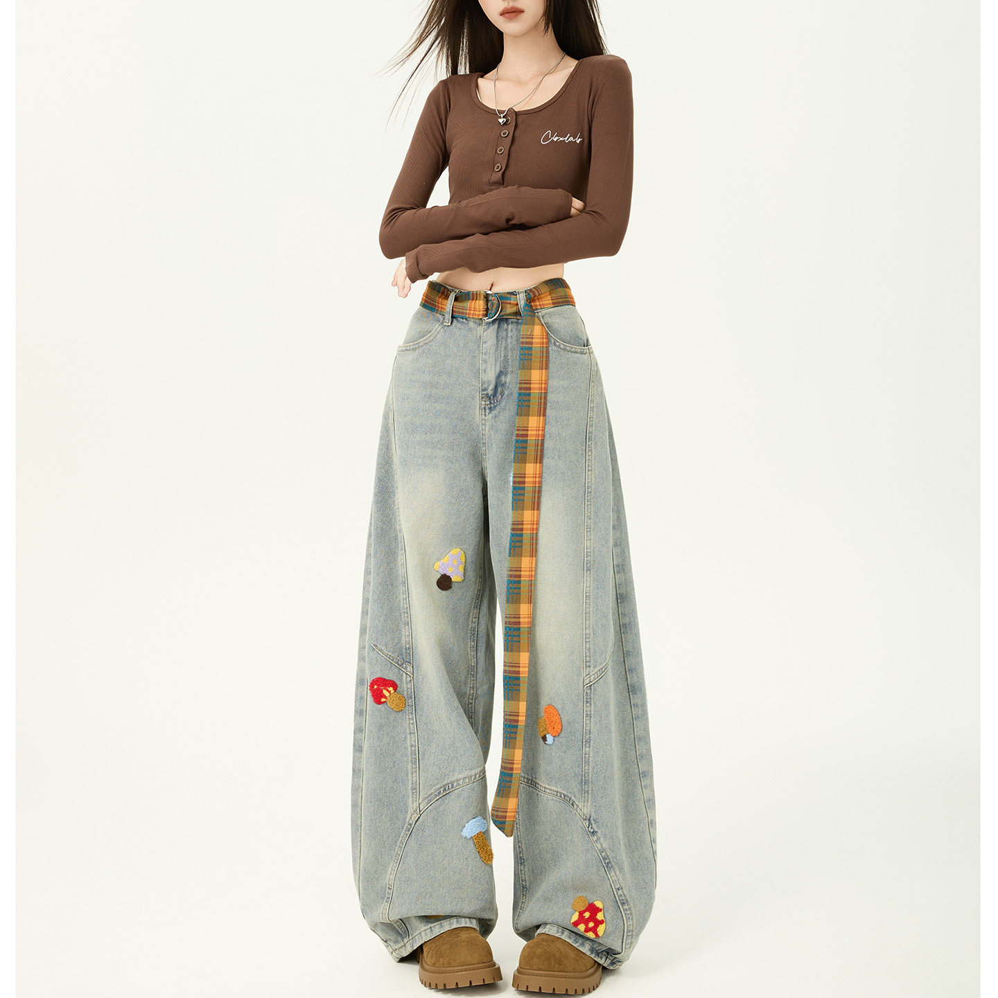 美式卡通刺绣阔腿牛仔裤女2025秋冬季新款高腰宽松休闲显瘦拖地裤,女装/女士精品,牛仔裤,淘宝优惠券,粉丝福利购,淘宝优惠卷