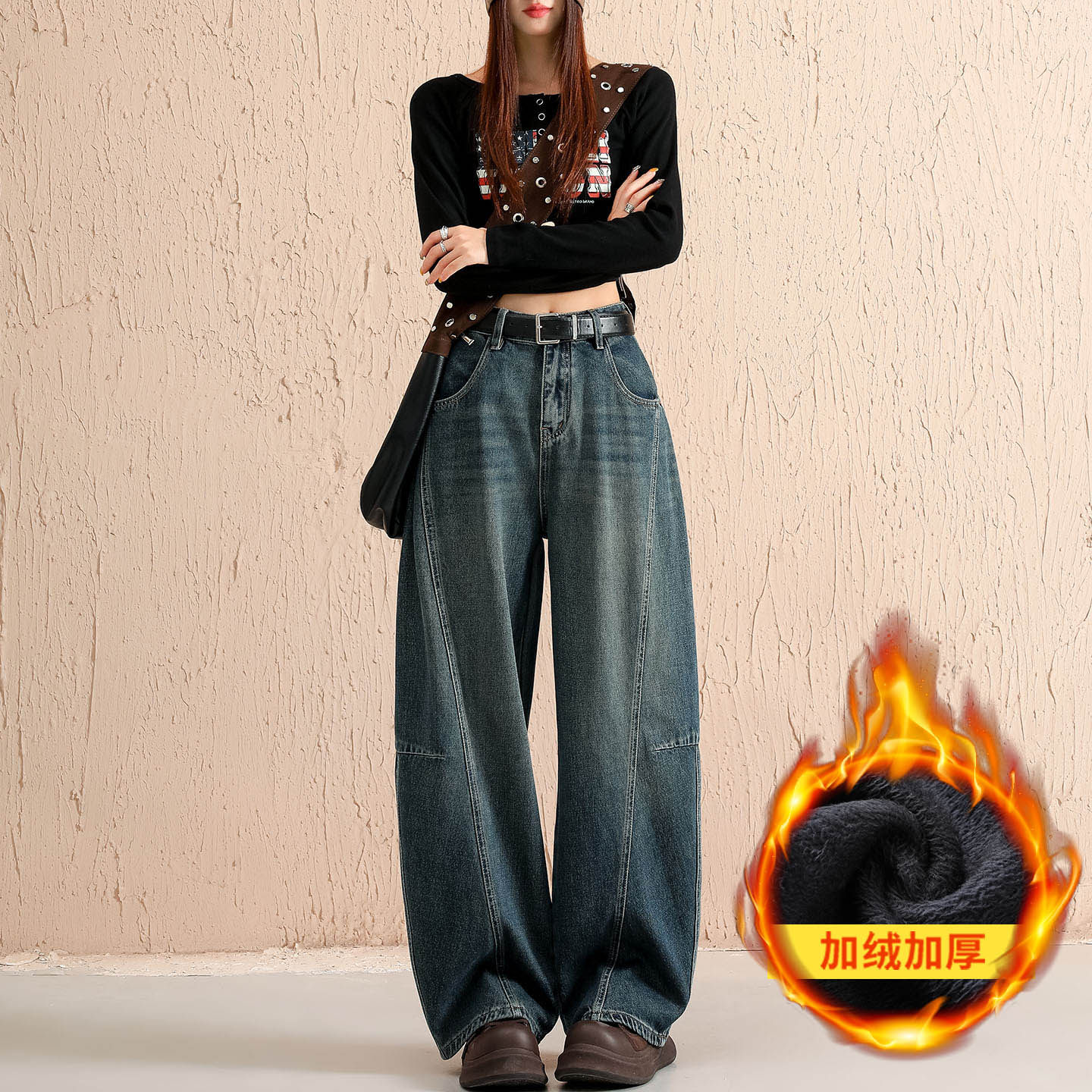 美式复古加绒阔腿牛仔裤女2025新款冬季宽松高腰显瘦慵懒感弯刀裤,女装/女士精品,牛仔裤,淘宝优惠券,粉丝福利购,淘宝优惠卷