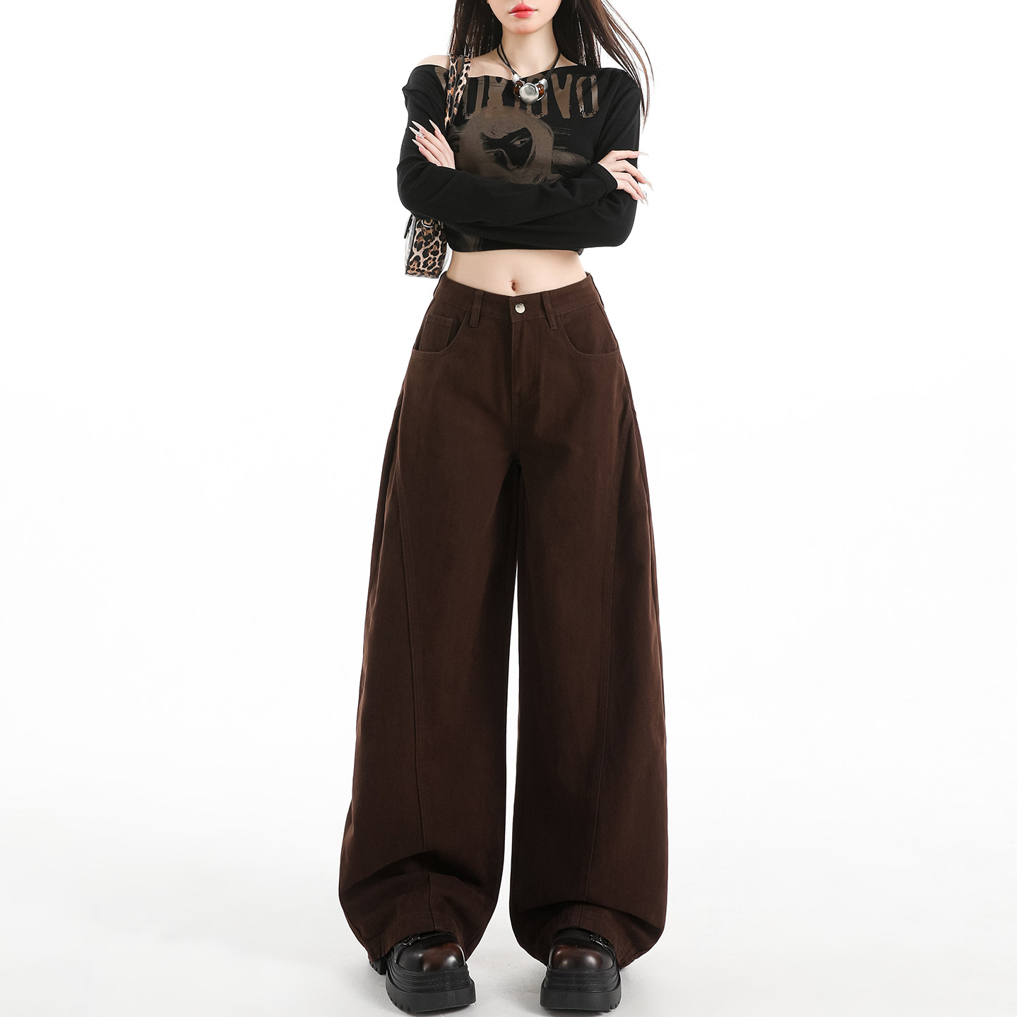 美拉德咖色弯刀阔腿裤女2025新款秋冬直筒宽松气质显瘦简约休闲裤,女装/女士精品,休闲裤,淘宝优惠券,粉丝福利购,淘宝优惠卷