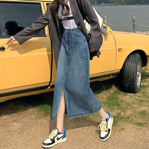 遮胯高腰中长款佩艳牛仔裙a字裙