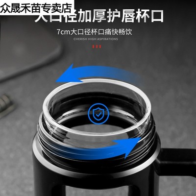 把手杯超厚双层玻璃杯带盖耐高温办公水杯男士泡茶大容量透明隔热