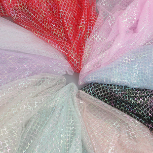 幻彩鱼鳞烫金网纱面料 薄软纱鱼鳞片公主裙美人鱼装饰手工DIY布料