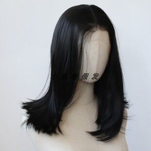 黑色内扣短直发齐肩波波头前蕾丝化纤高温丝假发Bob整顶假发套