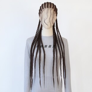 黑茶棕地垄沟脏辫全蕾丝化纤长三股粗脏辫整顶假发套Braided Wig