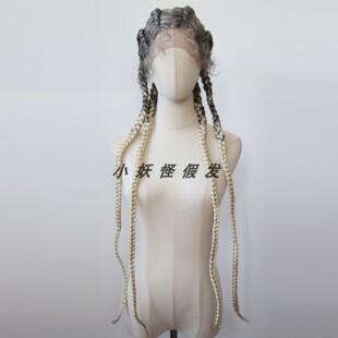 黑间渐变金色地垄沟粗脏辫蕾丝高温丝4根超长手编脏辫整顶假发