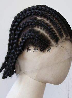 超短款地垄沟粗脏辫黑色全蕾丝手编化纤高温丝三股脏辫整顶假发套