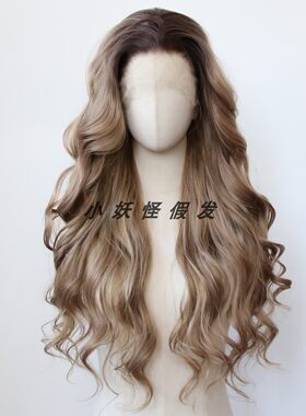 渐变深棕色前蕾丝化纤高温丝假发渐变深蜂蜜棕大波浪卷整顶假发套