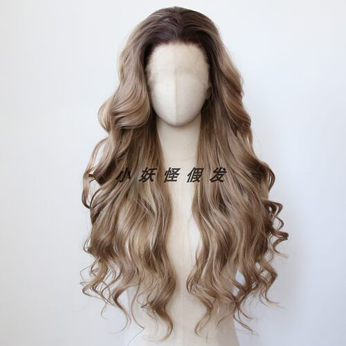 渐变深棕色前蕾丝化纤高温丝假发渐变深蜂蜜棕大波浪卷整顶假发套