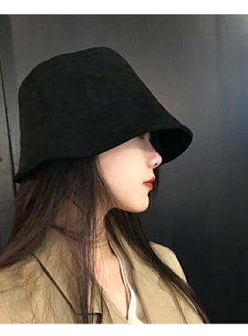 韩版素颜遮脸麂皮绒渔夫帽帽子女秋冬百搭显脸小水桶帽街头盆帽潮