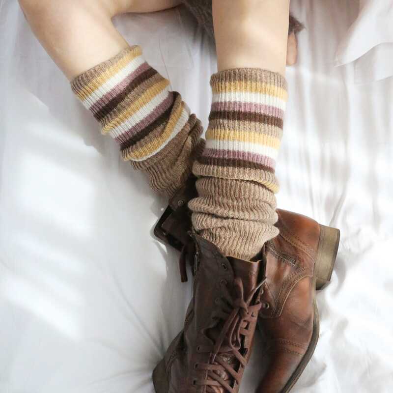 2024秋冬新款羊毛宽松针织条纹袜套过膝护腿袜保暖护膝靴套堆堆袜