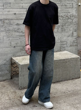 美式复古水洗做旧牛仔裤男宽松直筒阔腿垂感拖地长裤子嘻哈街头