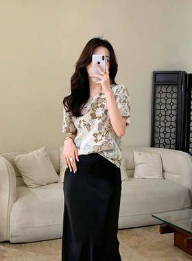 14姆米双绉桑蚕丝T恤女圆领落肩花鸟印花宽松真丝短袖上衣夏