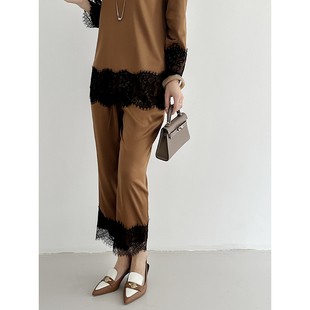 女 垂坠感休闲长裤 高级砂栗色 19mm弹力缎丝滑触感慵懒风居家睡裤